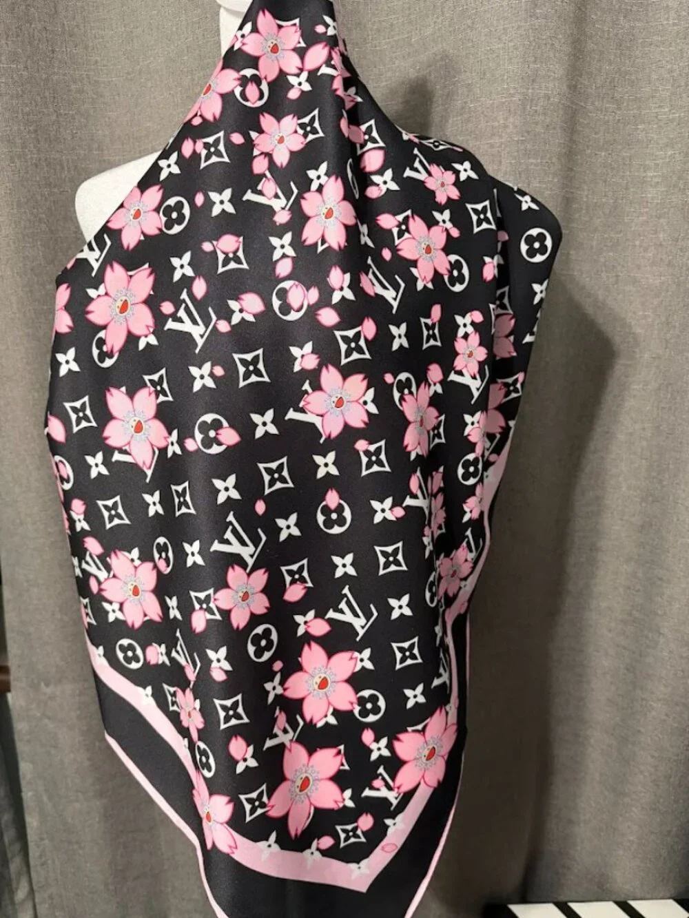 Black Pink Floral Monogram 100% Silk Scarf 35x35 Large Square